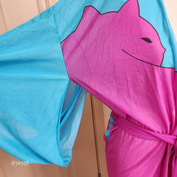 Vintage fun cat blue and pink Kimono robe FLAWED whimsy fairy - Picture 6 of 8